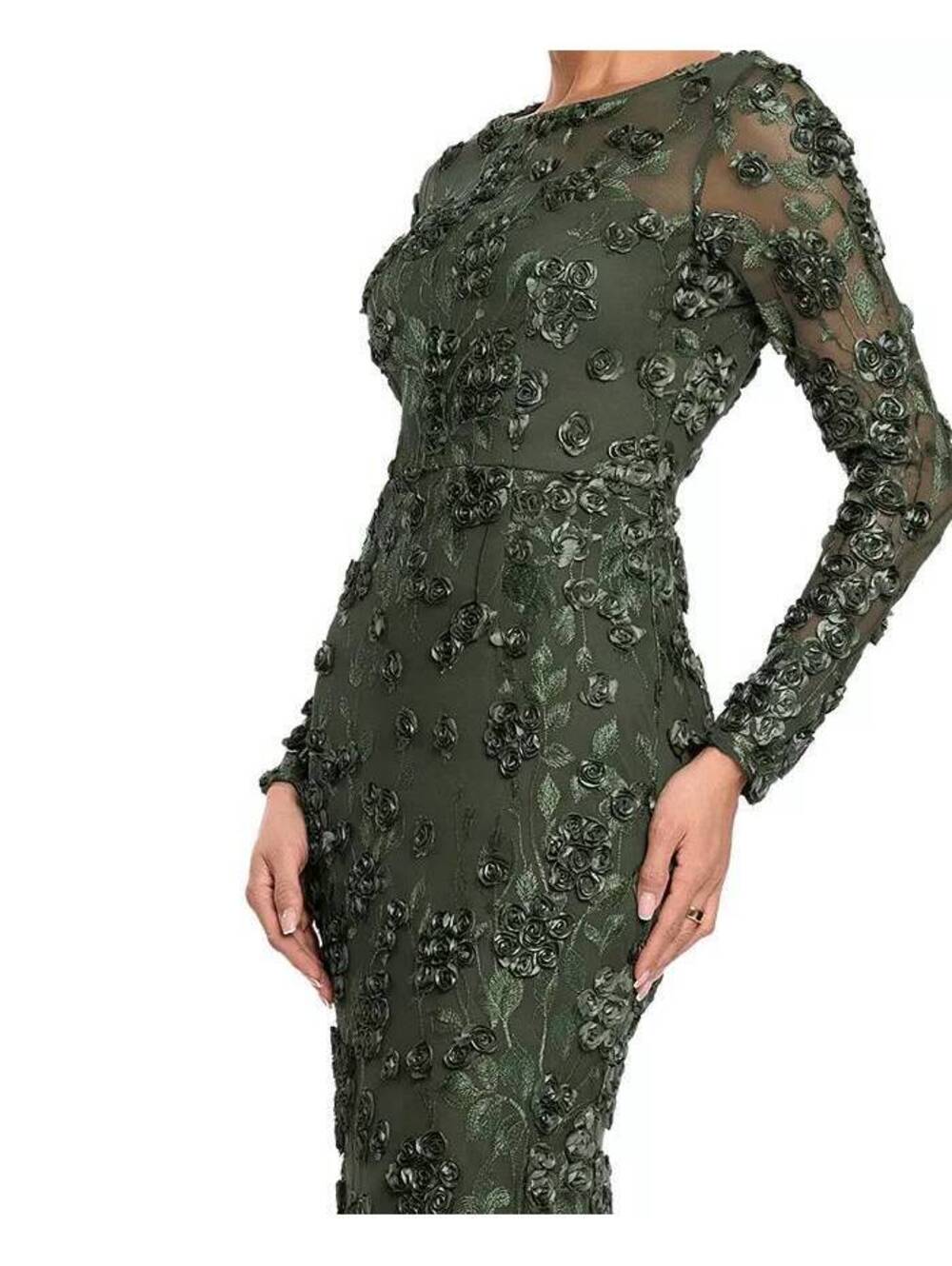 XSCAPE Modest Long Sleeve Rose Flower Gown Olive Green sz 8 NWT Formal Evening - Picture 4 of 6